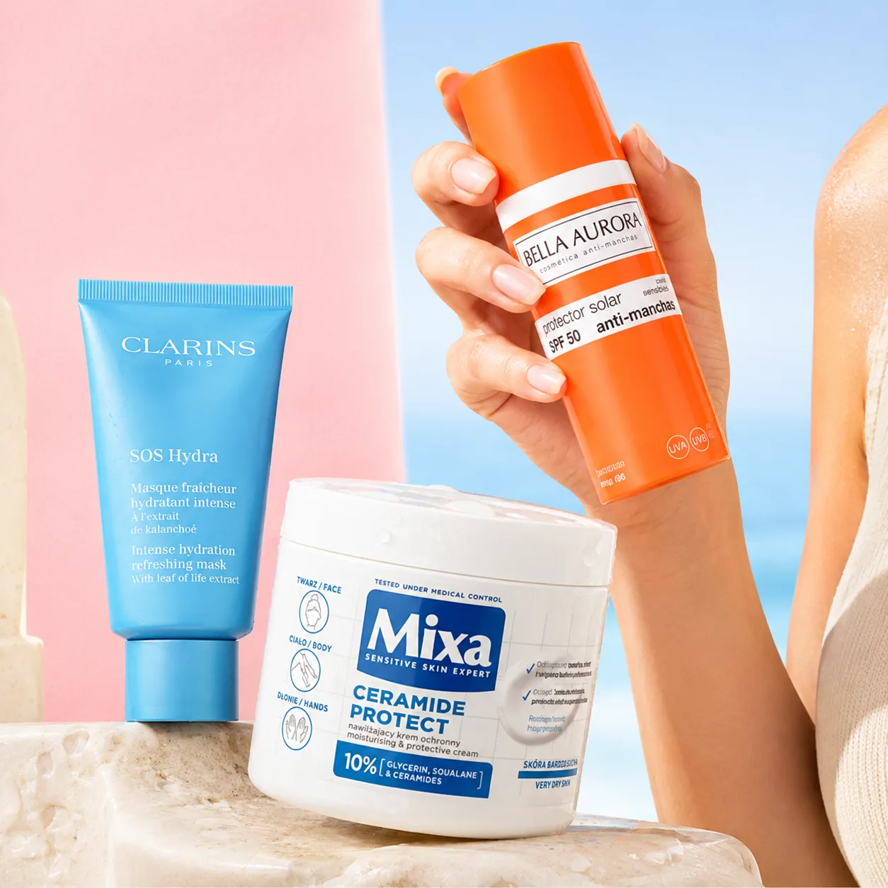 Routine de soin — masque Clarins SOS Hydra, crème Mixa Ceramide Protect et protecteur solaire Bella Aurora SPF 50